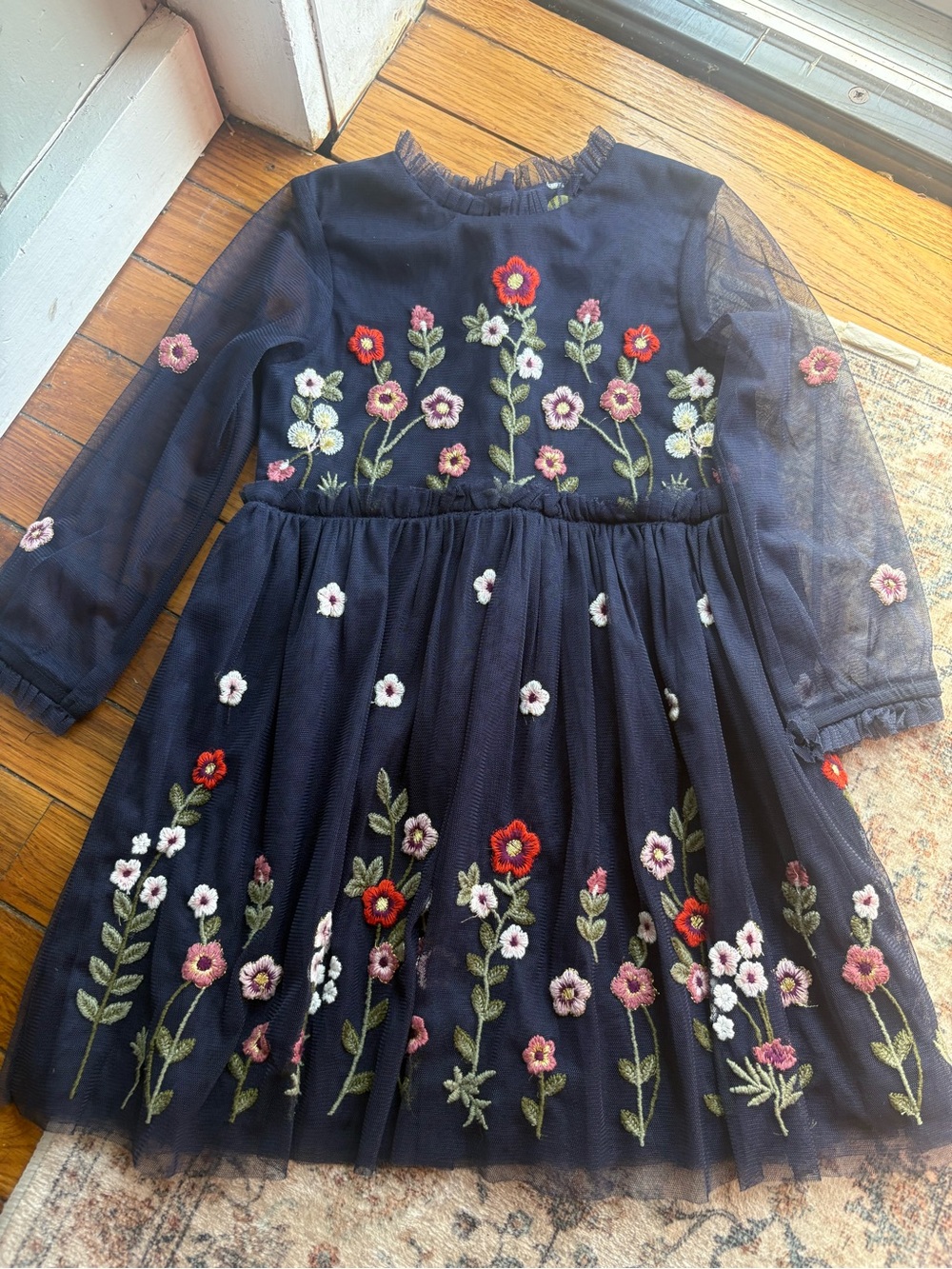 3/4yrs Primark Girls' Navy Blue Floral Embroidered Tulle Dress